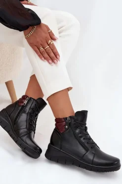 Hot Buty damskie Vinceza Skórzane Botki Damskie Na Koturnie Ocieplane Vinceza 39963 Czarne Czarny