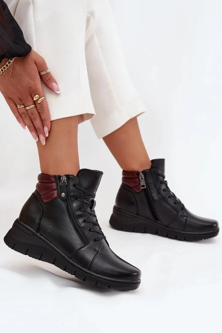 Hot Buty damskie Vinceza Skórzane Botki Damskie Na Koturnie Ocieplane Vinceza 39963 Czarne Czarny