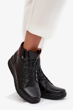 Hot Buty damskie Vinceza Skórzane Botki Damskie Na Koturnie Ocieplane Vinceza 39963 Czarne Czarny