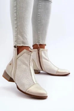 Maciejka Botki Wiosenne|Botki Maciejka*Skórzane Botki Damskie Na Niskim Obcasie 06397-22 Jasnobeżowe