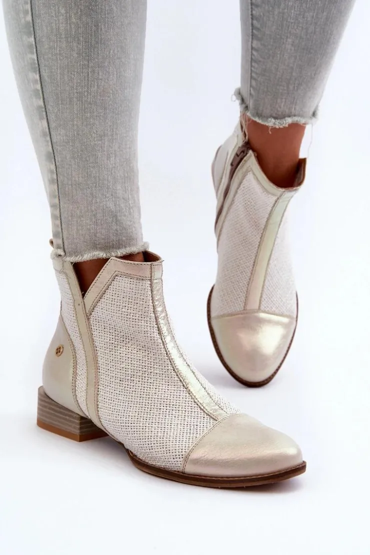 Maciejka Botki Wiosenne|Botki Maciejka*Skórzane Botki Damskie Na Niskim Obcasie 06397-22 Jasnobeżowe