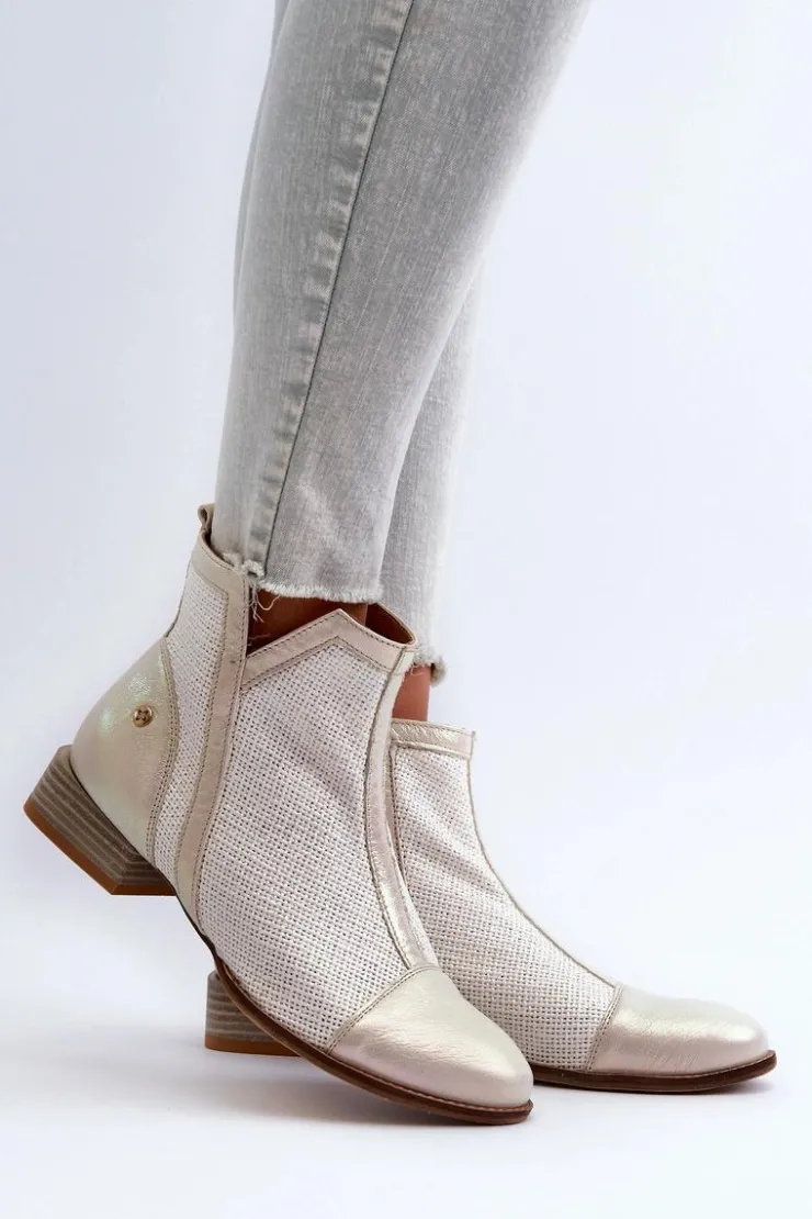 Maciejka Botki Wiosenne|Botki Maciejka*Skórzane Botki Damskie Na Niskim Obcasie 06397-22 Jasnobeżowe