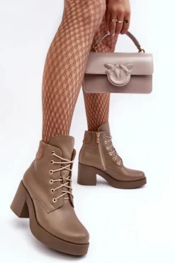 Damskie Boto Skórzane Botki Damskie Na Słupku Ciemnobeżowe Lemar Leocera