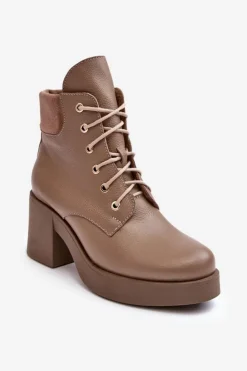 Damskie Boto Skórzane Botki Damskie Na Słupku Ciemnobeżowe Lemar Leocera