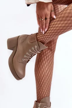 Damskie Boto Skórzane Botki Damskie Na Słupku Ciemnobeżowe Lemar Leocera