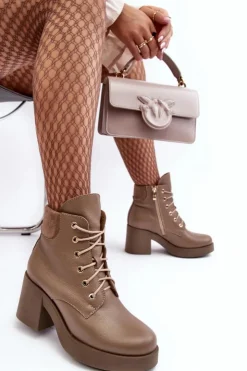 Damskie Boto Skórzane Botki Damskie Na Słupku Ciemnobeżowe Lemar Leocera