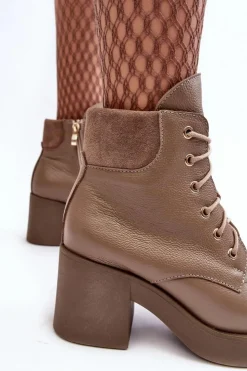 Damskie Boto Skórzane Botki Damskie Na Słupku Ciemnobeżowe Lemar Leocera