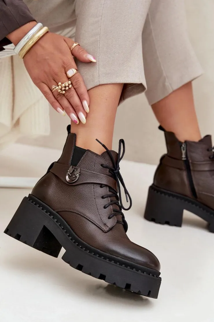 Damskie Zazoo Skórzane Botki Damskie Na Klocku Z Ozdobnym Paskiem Ocieplane 60557 Czekoladowe