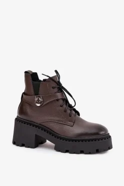 Damskie Zazoo Skórzane Botki Damskie Na Klocku Z Ozdobnym Paskiem Ocieplane 60557 Czekoladowe