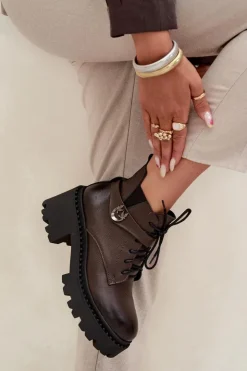 Damskie Zazoo Skórzane Botki Damskie Na Klocku Z Ozdobnym Paskiem Ocieplane 60557 Czekoladowe