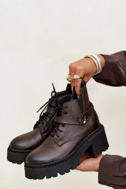 Damskie Zazoo Skórzane Botki Damskie Na Klocku Z Ozdobnym Paskiem Ocieplane 60557 Czekoladowe