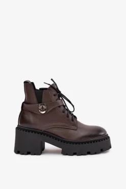 Damskie Zazoo Skórzane Botki Damskie Na Klocku Z Ozdobnym Paskiem Ocieplane 60557 Czekoladowe