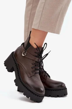 Damskie Zazoo Skórzane Botki Damskie Na Klocku Z Ozdobnym Paskiem Ocieplane 60557 Czekoladowe