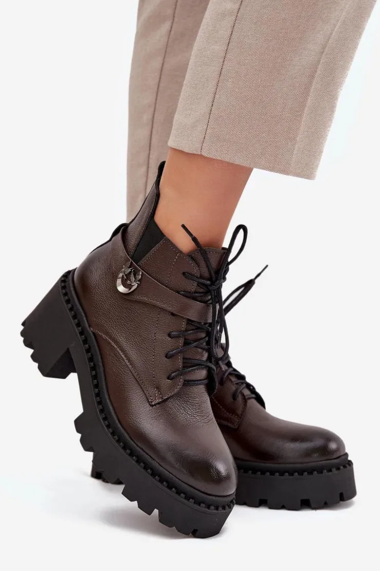 Damskie Zazoo Skórzane Botki Damskie Na Klocku Z Ozdobnym Paskiem Ocieplane 60557 Czekoladowe