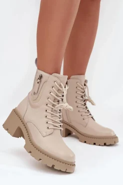 Sale Buty damskie Vinceza Skórzane Botki Damskie Na Klocku Ocieplane Vinceza 86418 Beżowe Beżowy