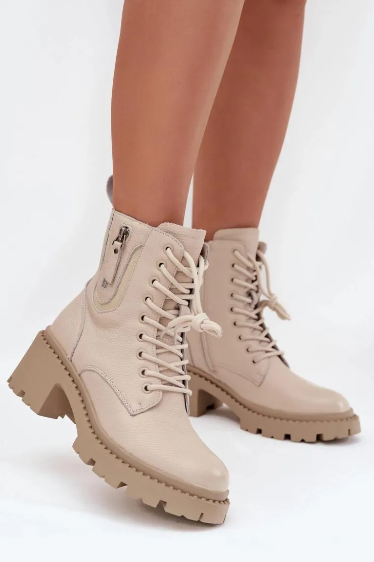 Sale Buty damskie Vinceza Skórzane Botki Damskie Na Klocku Ocieplane Vinceza 86418 Beżowe Beżowy