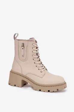 Sale Buty damskie Vinceza Skórzane Botki Damskie Na Klocku Ocieplane Vinceza 86418 Beżowe Beżowy