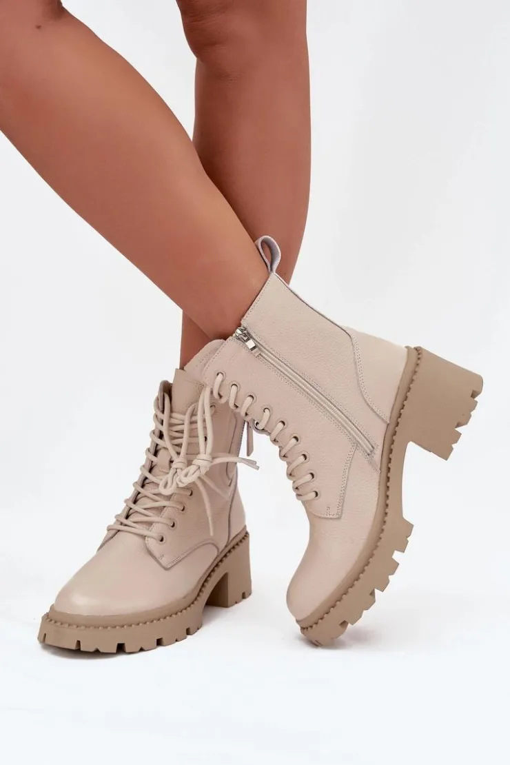 Sale Buty damskie Vinceza Skórzane Botki Damskie Na Klocku Ocieplane Vinceza 86418 Beżowe Beżowy