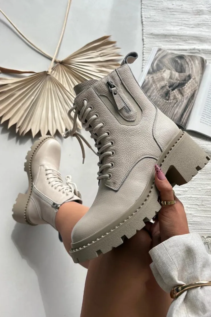 Sale Buty damskie Vinceza Skórzane Botki Damskie Na Klocku Ocieplane Vinceza 86418 Beżowe Beżowy