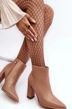 Clearance Boto Skórzane Botki Damskie Na Słupku Beżowe Saitana