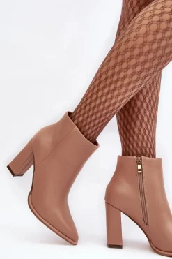 Clearance Boto Skórzane Botki Damskie Na Słupku Beżowe Saitana