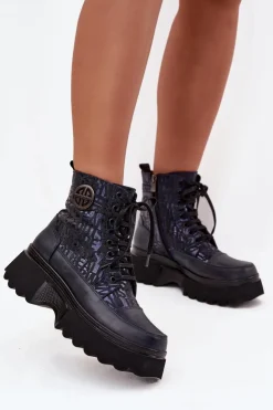 Damskie Artiker Skórzane Botki Damskie Na Platformie Z Napisami I Ozdobnym Detalem 57C2271 Granatowe