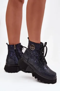 Damskie Artiker Skórzane Botki Damskie Na Platformie Z Napisami I Ozdobnym Detalem 57C2271 Granatowe