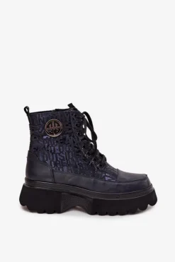 Damskie Artiker Skórzane Botki Damskie Na Platformie Z Napisami I Ozdobnym Detalem 57C2271 Granatowe