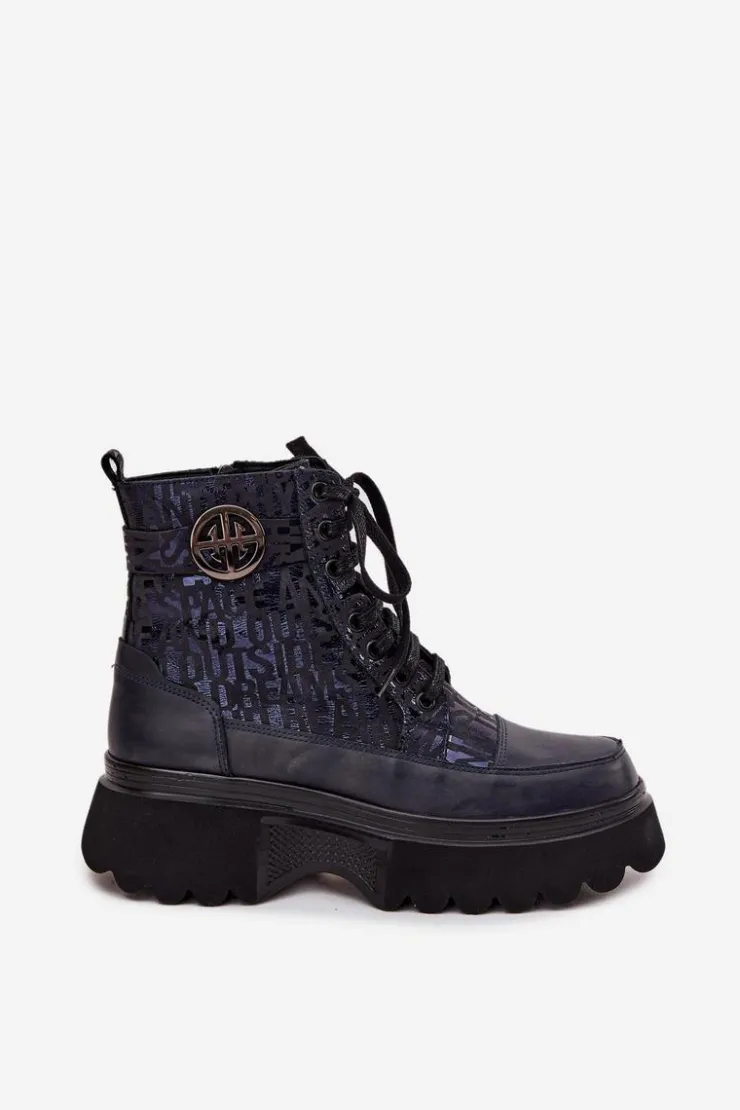 Damskie Artiker Skórzane Botki Damskie Na Platformie Z Napisami I Ozdobnym Detalem 57C2271 Granatowe