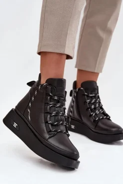 Artiker Botki Ocieplane|Botki Sznurowane*Skórzane Botki Damskie Na Platformie Ocieplane 55C0809 Czarne Czarny