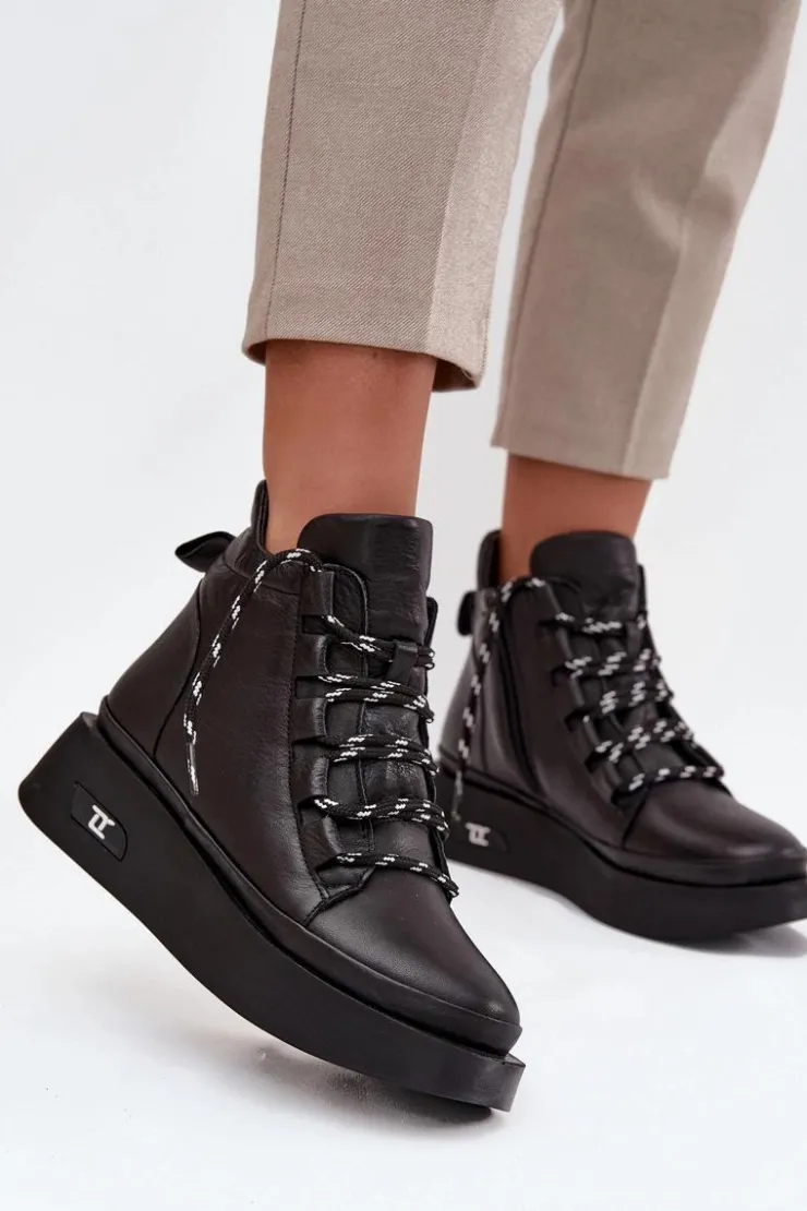 Artiker Botki Ocieplane|Botki Sznurowane*Skórzane Botki Damskie Na Platformie Ocieplane 55C0809 Czarne Czarny