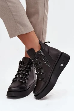 Artiker Botki Ocieplane|Botki Sznurowane*Skórzane Botki Damskie Na Platformie Ocieplane 55C0809 Czarne Czarny