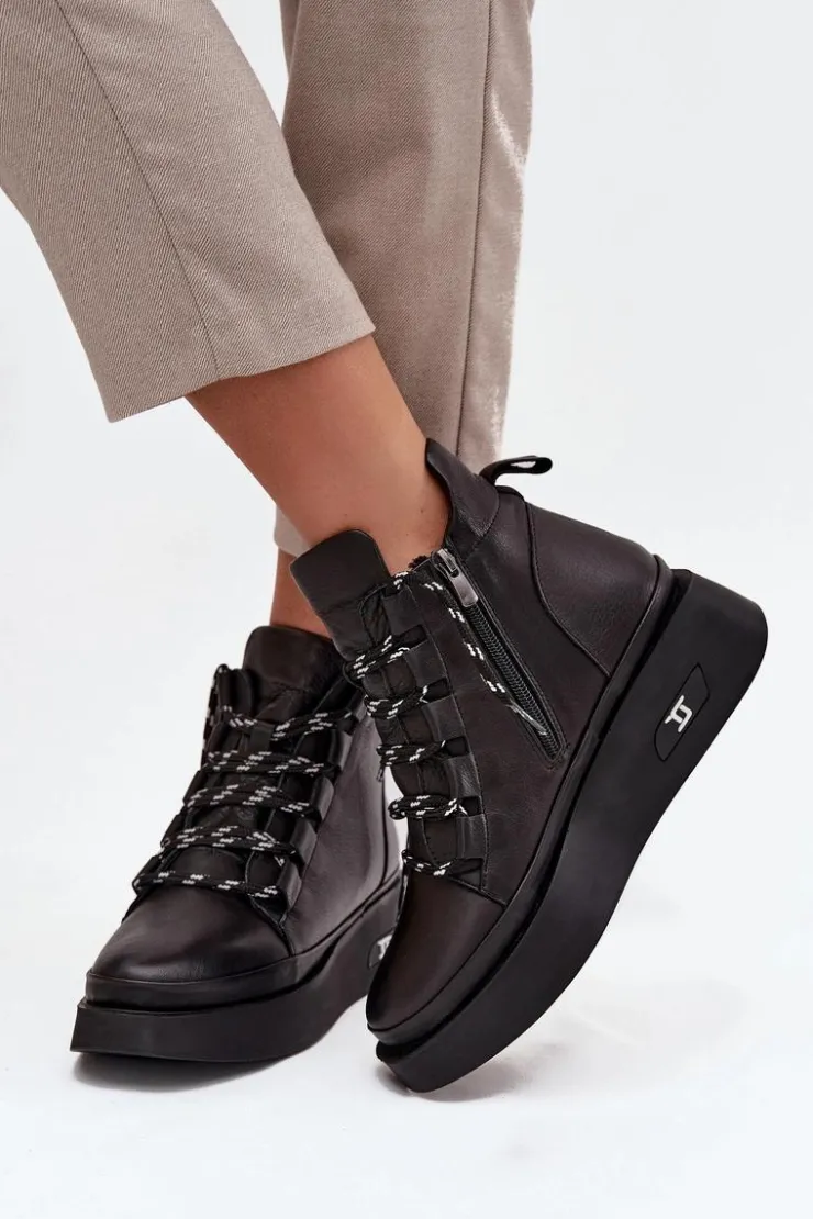 Artiker Botki Ocieplane|Botki Sznurowane*Skórzane Botki Damskie Na Platformie Ocieplane 55C0809 Czarne Czarny