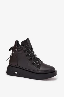 Artiker Botki Ocieplane|Botki Sznurowane*Skórzane Botki Damskie Na Platformie Ocieplane 55C0809 Czarne Czarny