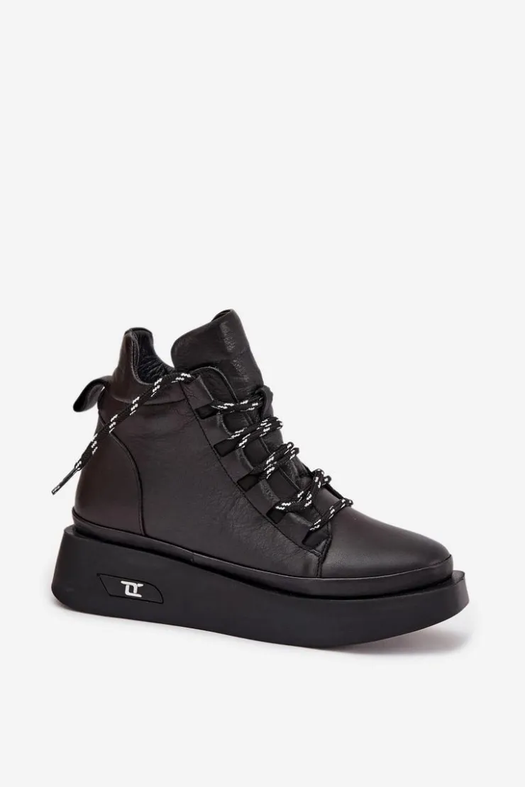 Artiker Botki Ocieplane|Botki Sznurowane*Skórzane Botki Damskie Na Platformie Ocieplane 55C0809 Czarne Czarny