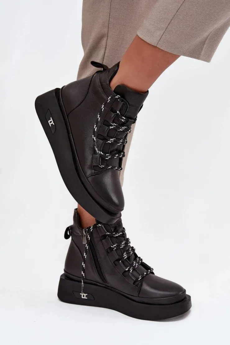 Artiker Botki Ocieplane|Botki Sznurowane*Skórzane Botki Damskie Na Platformie Ocieplane 55C0809 Czarne Czarny