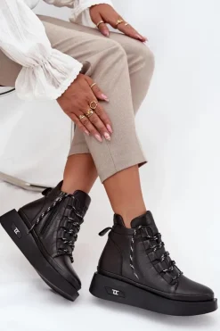 Artiker Botki Ocieplane|Botki Sznurowane*Skórzane Botki Damskie Na Platformie Ocieplane 55C0809 Czarne Czarny