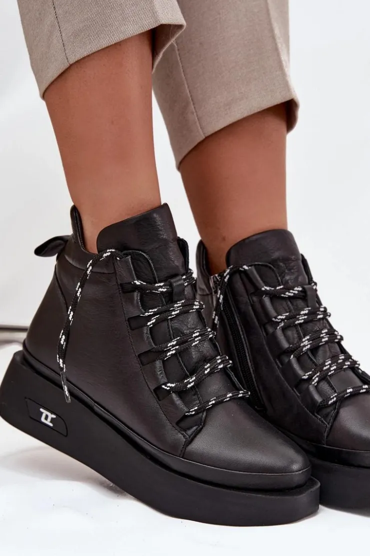 Artiker Botki Ocieplane|Botki Sznurowane*Skórzane Botki Damskie Na Platformie Ocieplane 55C0809 Czarne Czarny