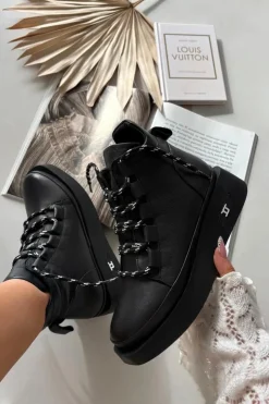 Artiker Botki Ocieplane|Botki Sznurowane*Skórzane Botki Damskie Na Platformie Ocieplane 55C0809 Czarne Czarny