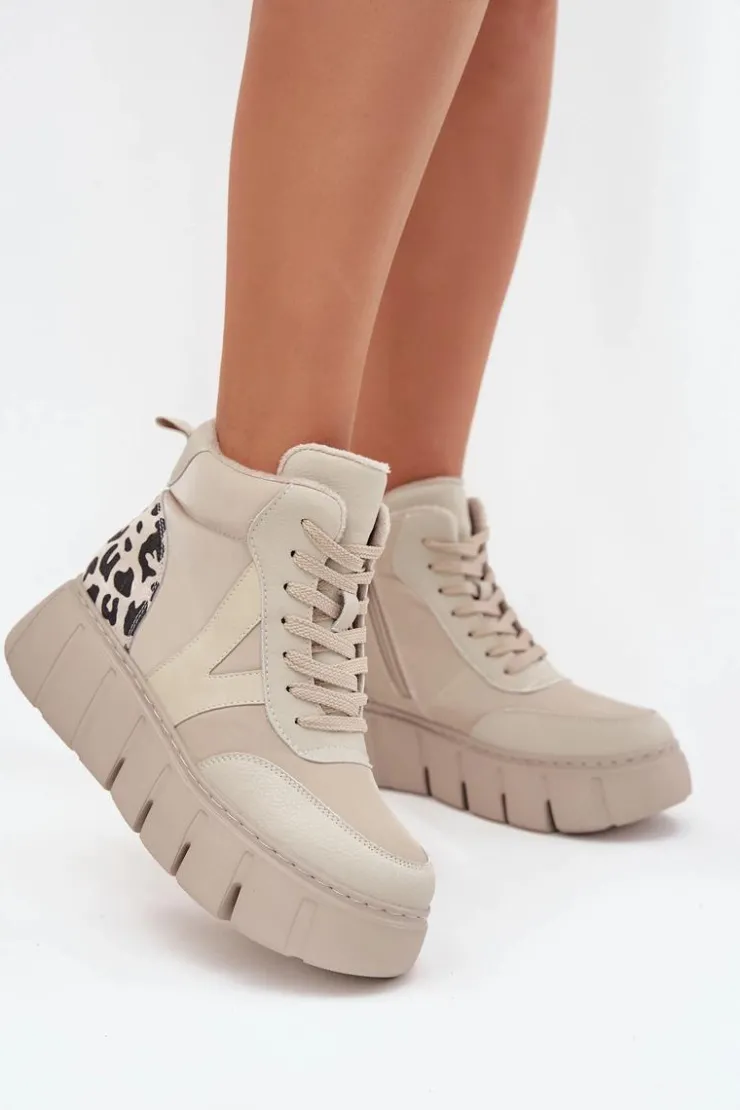 Damskie Buty damskie Vinceza Skórzane Botki Damskie Na Platformie Ocieplane Vinceza 66838 Beżowe