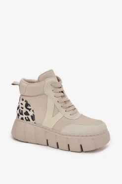 Damskie Buty damskie Vinceza Skórzane Botki Damskie Na Platformie Ocieplane Vinceza 66838 Beżowe