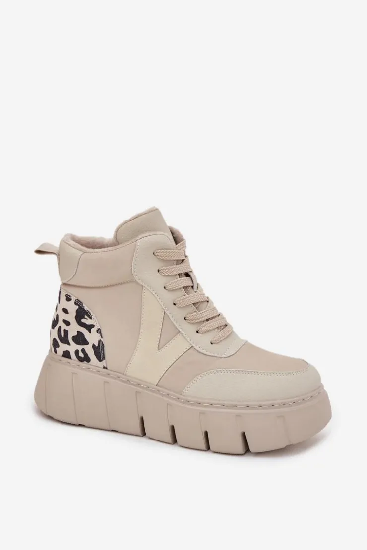 Damskie Buty damskie Vinceza Skórzane Botki Damskie Na Platformie Ocieplane Vinceza 66838 Beżowe