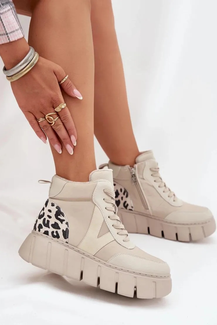 Damskie Buty damskie Vinceza Skórzane Botki Damskie Na Platformie Ocieplane Vinceza 66838 Beżowe