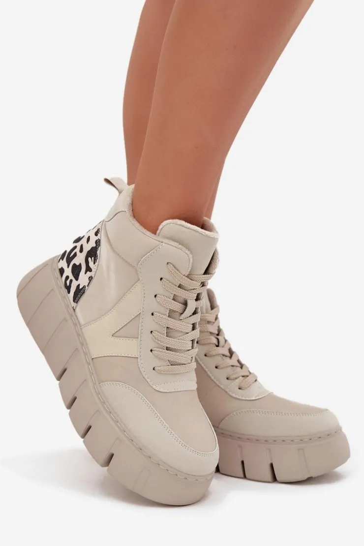 Damskie Buty damskie Vinceza Skórzane Botki Damskie Na Platformie Ocieplane Vinceza 66838 Beżowe