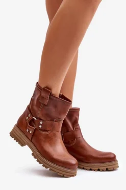 Damskie Boto Skórzane Botki Damskie Na Płaskim Obcasie Lewski 3610 Brązowe