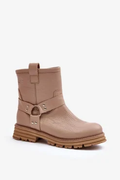 Discount Boto Skórzane Botki Damskie Na Płaskim Obcasie Lewski 3610 Beżowe Beżowy