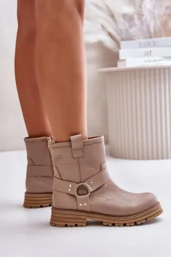 Discount Boto Skórzane Botki Damskie Na Płaskim Obcasie Lewski 3610 Beżowe Beżowy