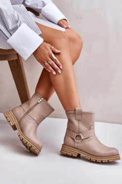 Discount Boto Skórzane Botki Damskie Na Płaskim Obcasie Lewski 3610 Beżowe Beżowy