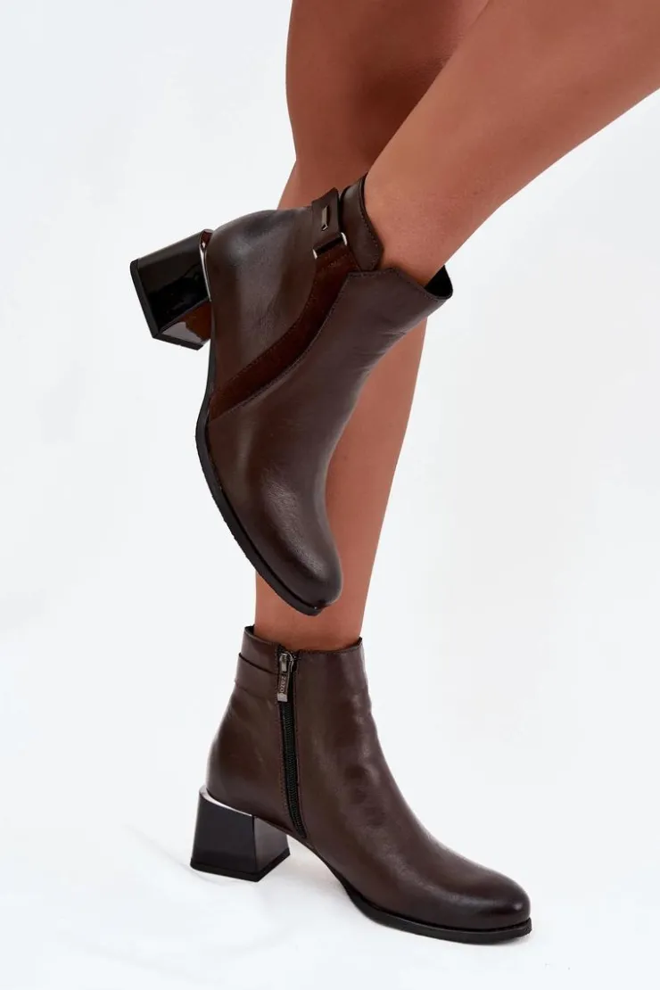 Damskie Zazoo Skórzane Botki Damskie Na Obcasie Ocieplane 60563 Czekoladowe