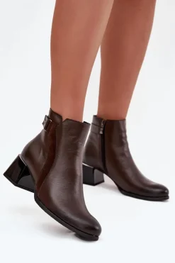Damskie Zazoo Skórzane Botki Damskie Na Obcasie Ocieplane 60563 Czekoladowe